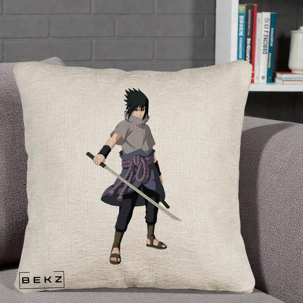 Perna Personalizata Naruto Sasuke Uchiha cu Sabia, 40x40 cm, Bej Canapea, Husa Detasabila, Perna Inclusa, BEKZ®