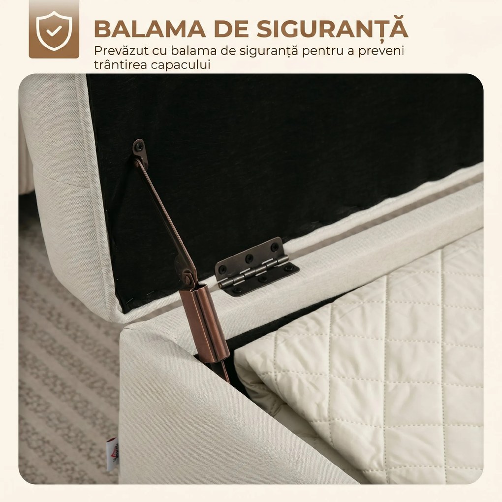 HOMCOM Taburet depozitare 80L, material textil, picioare lemn, 118x42x45 cm, crem | Aosom Romania