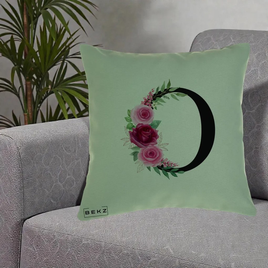 Cadou Personalizat - Perna Personalizata Monograma Florala Litera O, 40x40 cm, Verde, Husa Detasabila, Perna Inclusa, BEKZ®