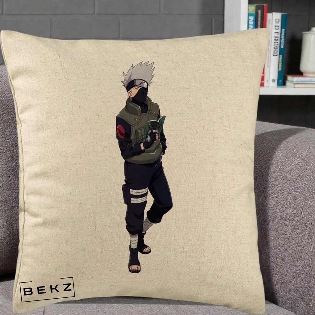 Perna Personalizata Naruto Kakashi Hatake Portret Complet, 40x40 cm, Bej, Husa Detasabila, Perna Inclusa, BEKZ®
