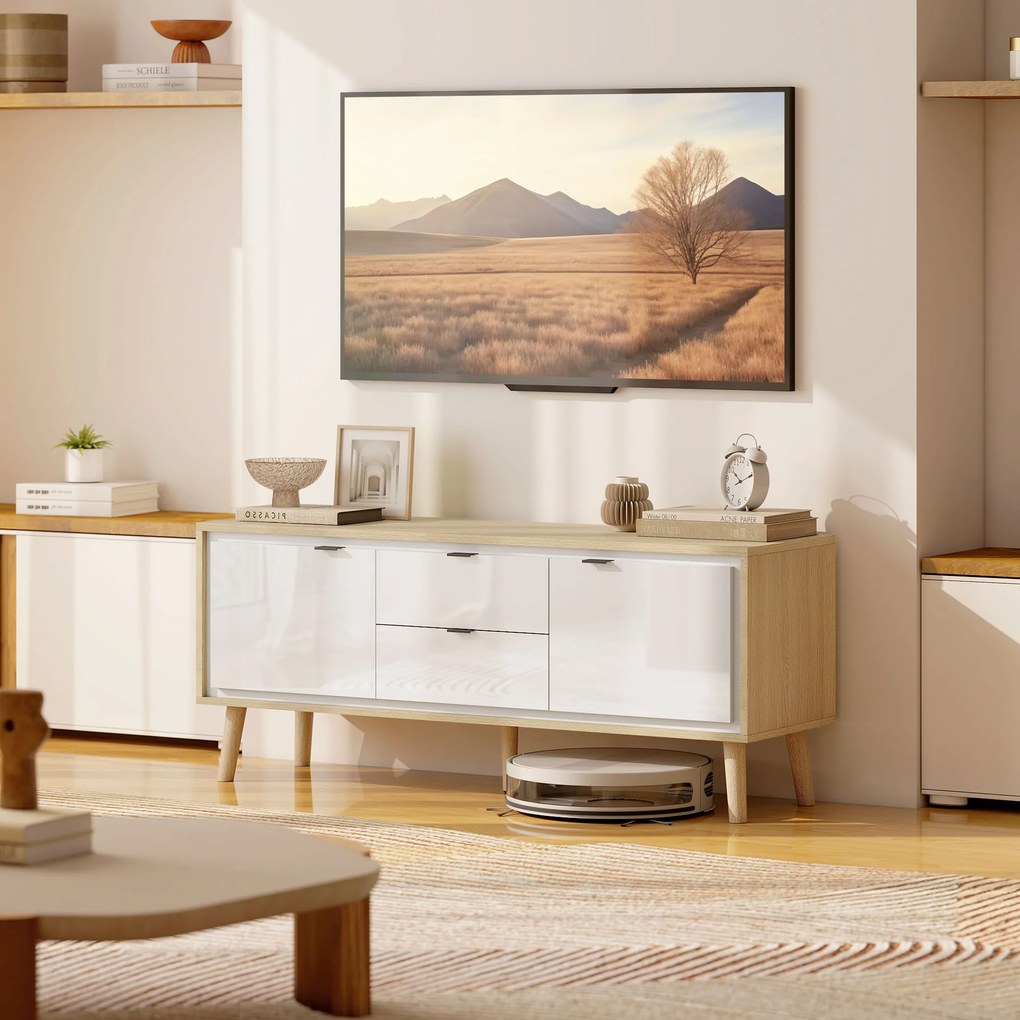 HOMCOM Dulap TV, pentru televizoare până la 140 cm, 2 uși lucioase, 2 sertare silențioase, 120 x 35 x 50 cm, alb | Aosom Romania
