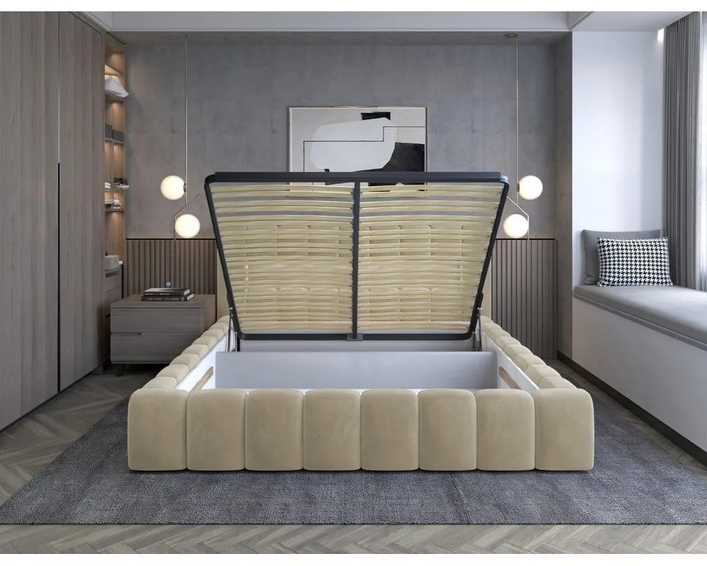 Pat matrimonial bej tapițat cu spațiu de depozitare cu somieră 180x200 cm Lamica – ELTAP
