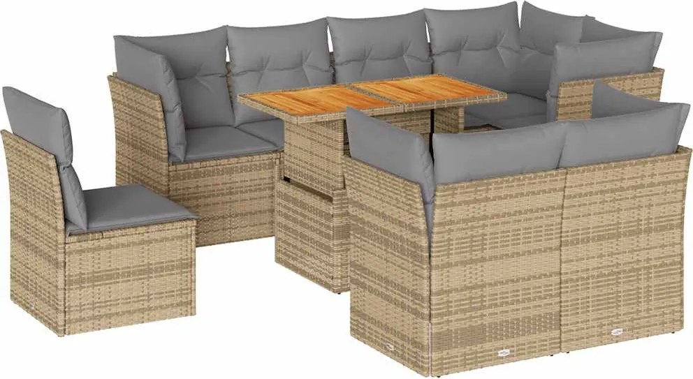 vidaXL Set canapele de grădină, 9 piese, cu perne, bej, poliratan