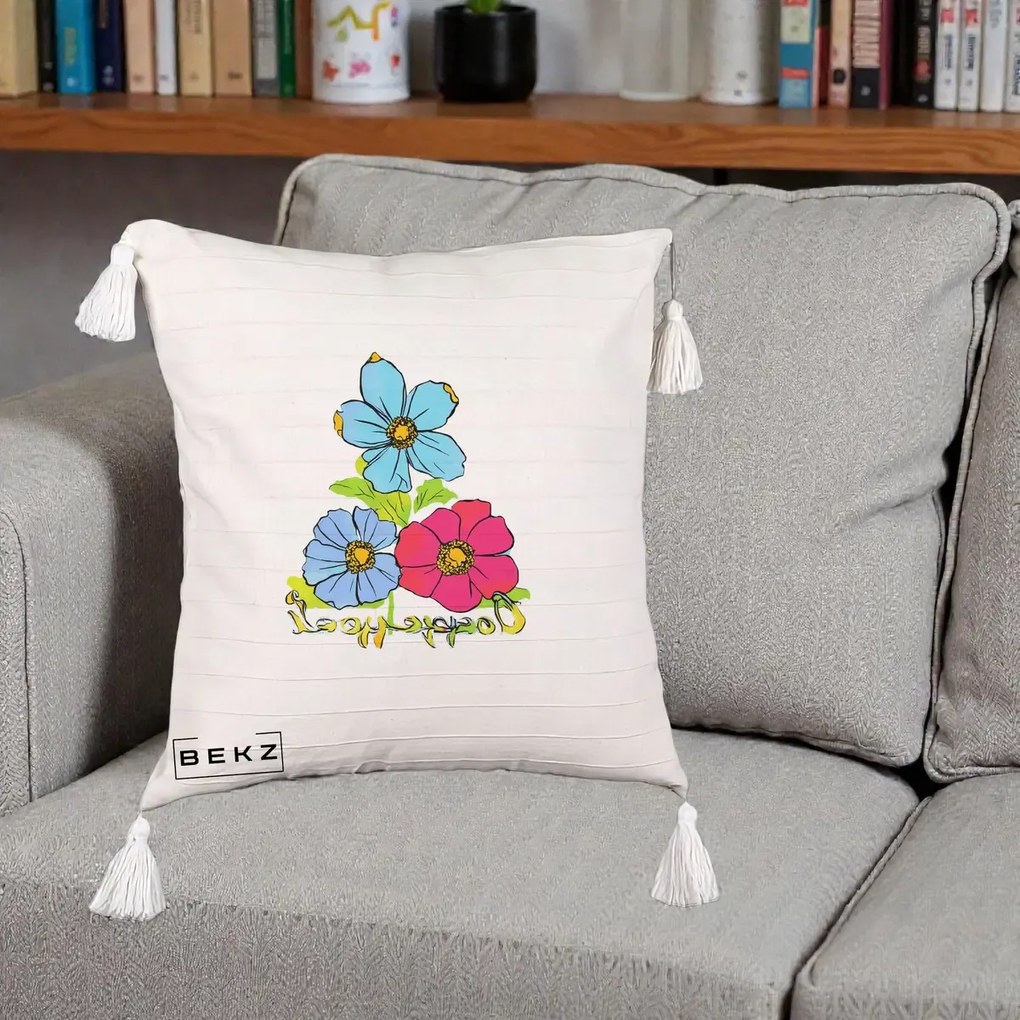 Perna Decorativa Trei Flori Grafice Pop Art, 40x40 cm, Bej cu Franjuri, Husa Detasabila, Perna Inclusa, BEKZ®