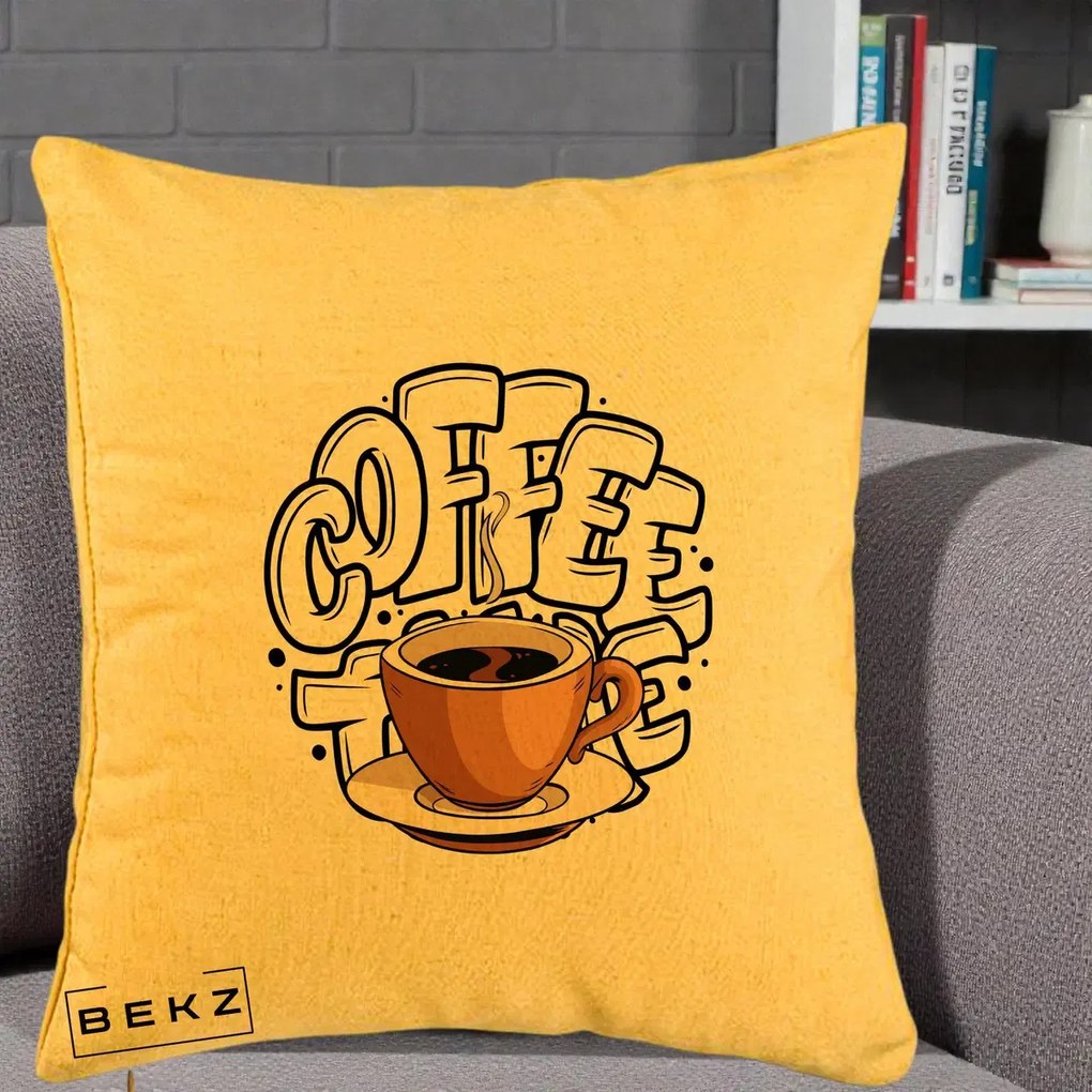 Perna Personalizata COFFEE cu Cana, 40x40 cm, Galben, Husa Detasabila, Perna Inclusa, BEKZ®
