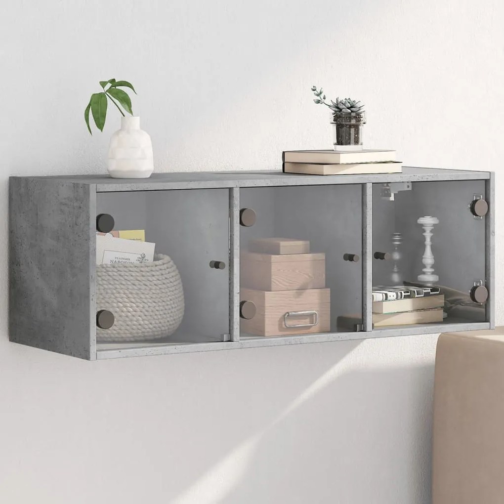 Dulap de perete cu usi din sticla, gri beton, 102x37x35 cm