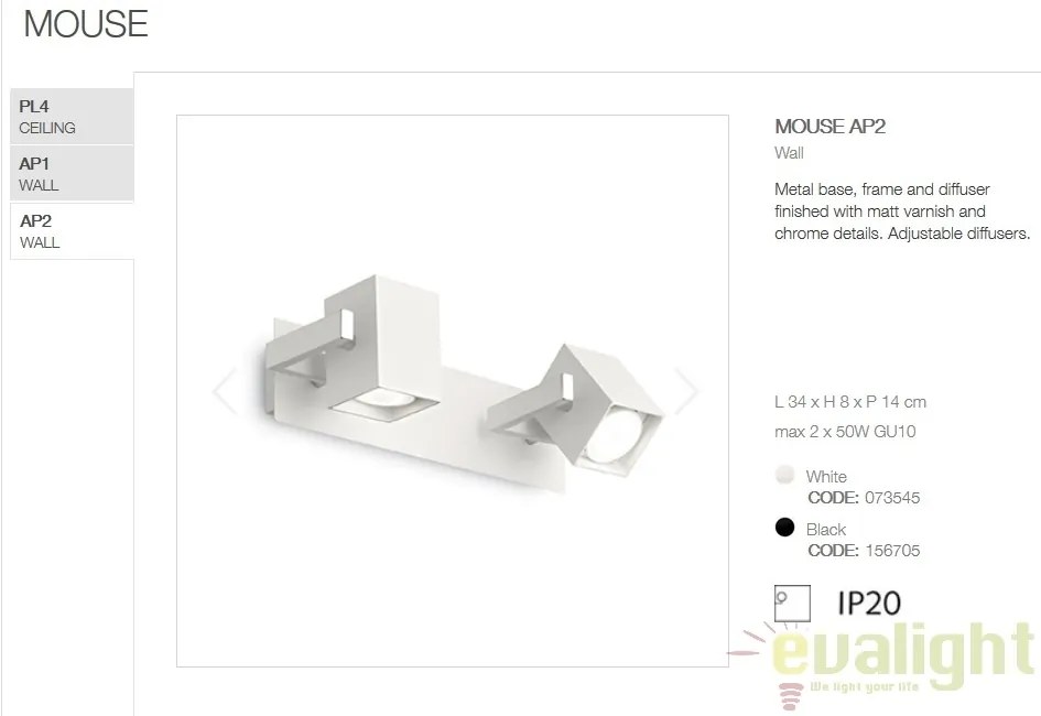 Aplica design modern cu 2 spoturi directionabile MOUSE AP2 alba 073545
