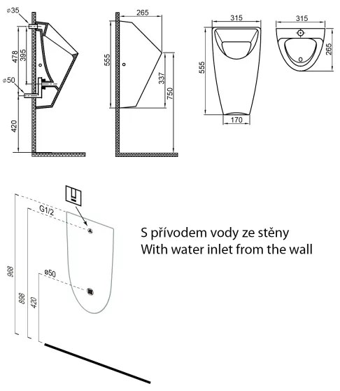 Pisoar Bruckner SCHWARN alimentare posterioară, evacuare posterioară, ceramică/alb