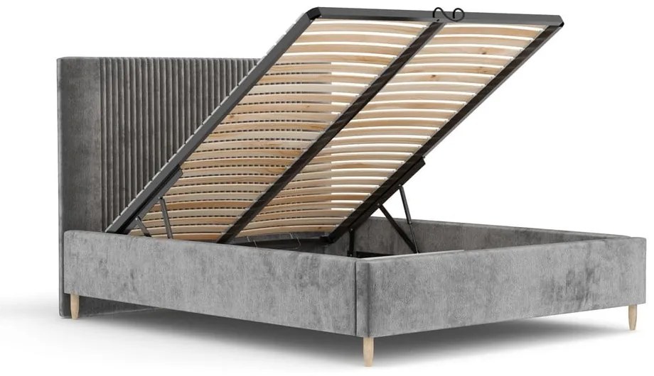 Pat matrimonial gri tapițat cu spațiu de depozitare cu somieră 140x200 cm Etero – Maison de Rêve
