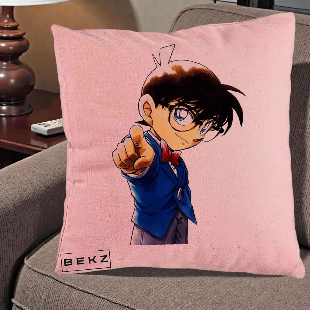 Perna Personalizata Detective Conan Conan Arata, 40x40 cm, Roz, Husa Detasabila, Perna Inclusa, BEKZ®