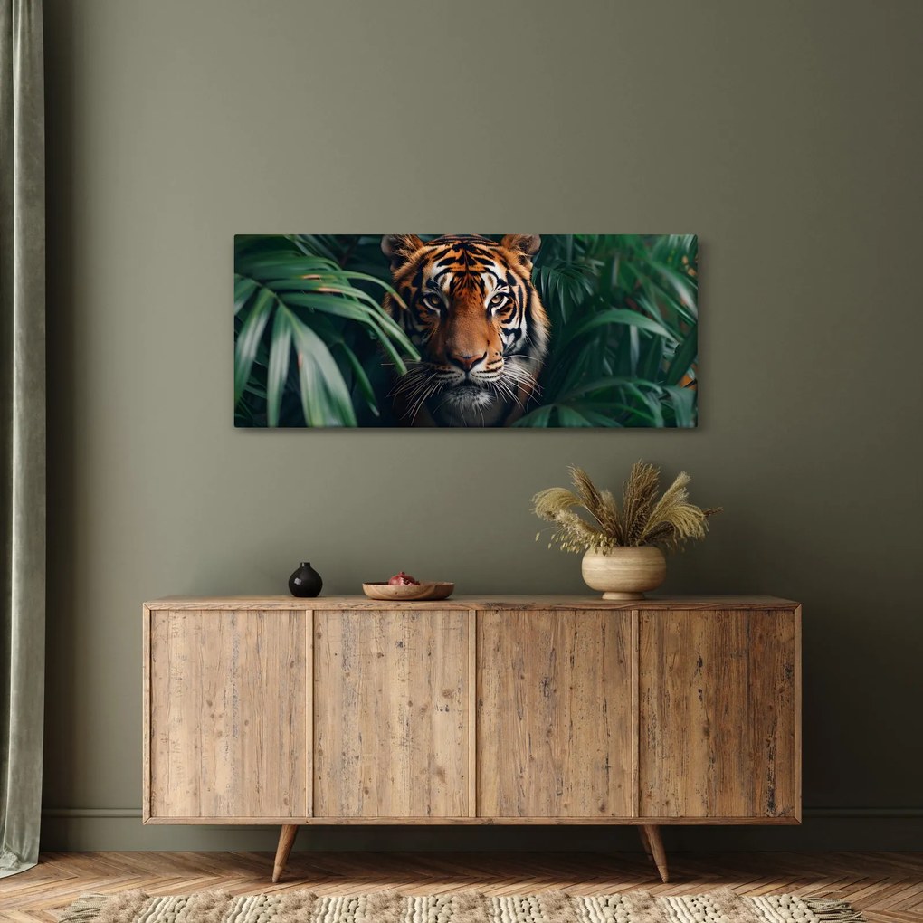 Tablou - Portretul unui tigru în junglă (120x50 cm)