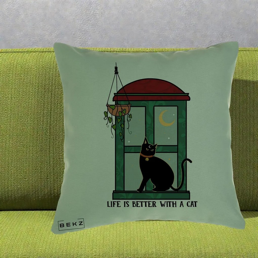 Perna Personalizata Life is Better with a Cat Geam, 40x40 cm, Verde, Husa Detasabila, Perna Inclusa, BEKZ®