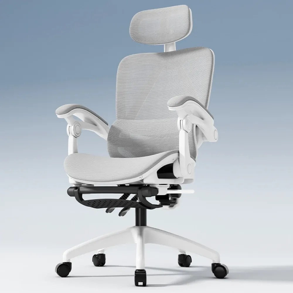 Scaun ergonomic, suport lombar dinamic, tetieră 3D, cotiere de legatura, umeras, pivotant, Mesh, Alb/Gri