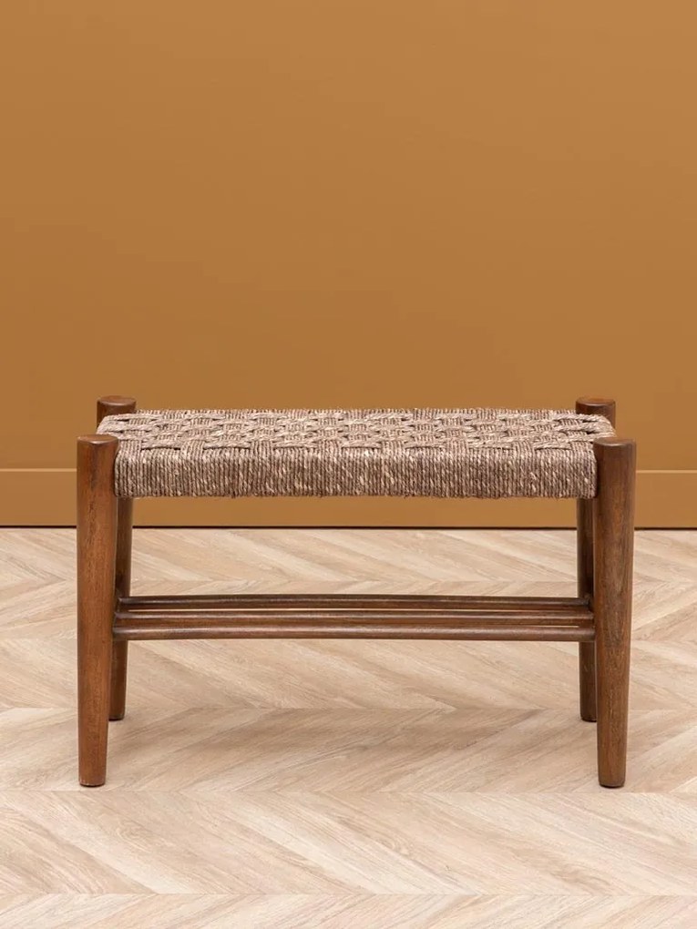 Banchetă hol bej din iută și lână împletite și lemn masiv maro închis, cu raft, 45 x 70 x 30 cm, „Sage”