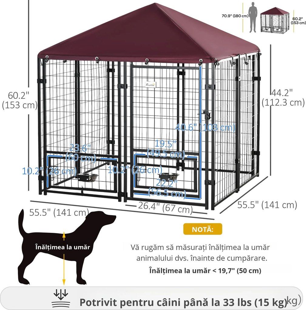 PawHut Cusca Exterior Caini cu Lacăt 2 Boluri Pivotante Acoperiș Detașabil Negru și Roșu Rezistent la Intemperii | Aosom Romania