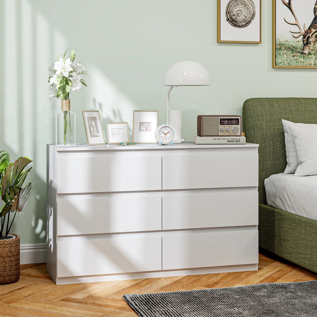 HOMCOM Comodă cu 6 Sertare și Picioare Antiderapante din Lemn, 120x39x75 cm, Alb | Aosom Romania