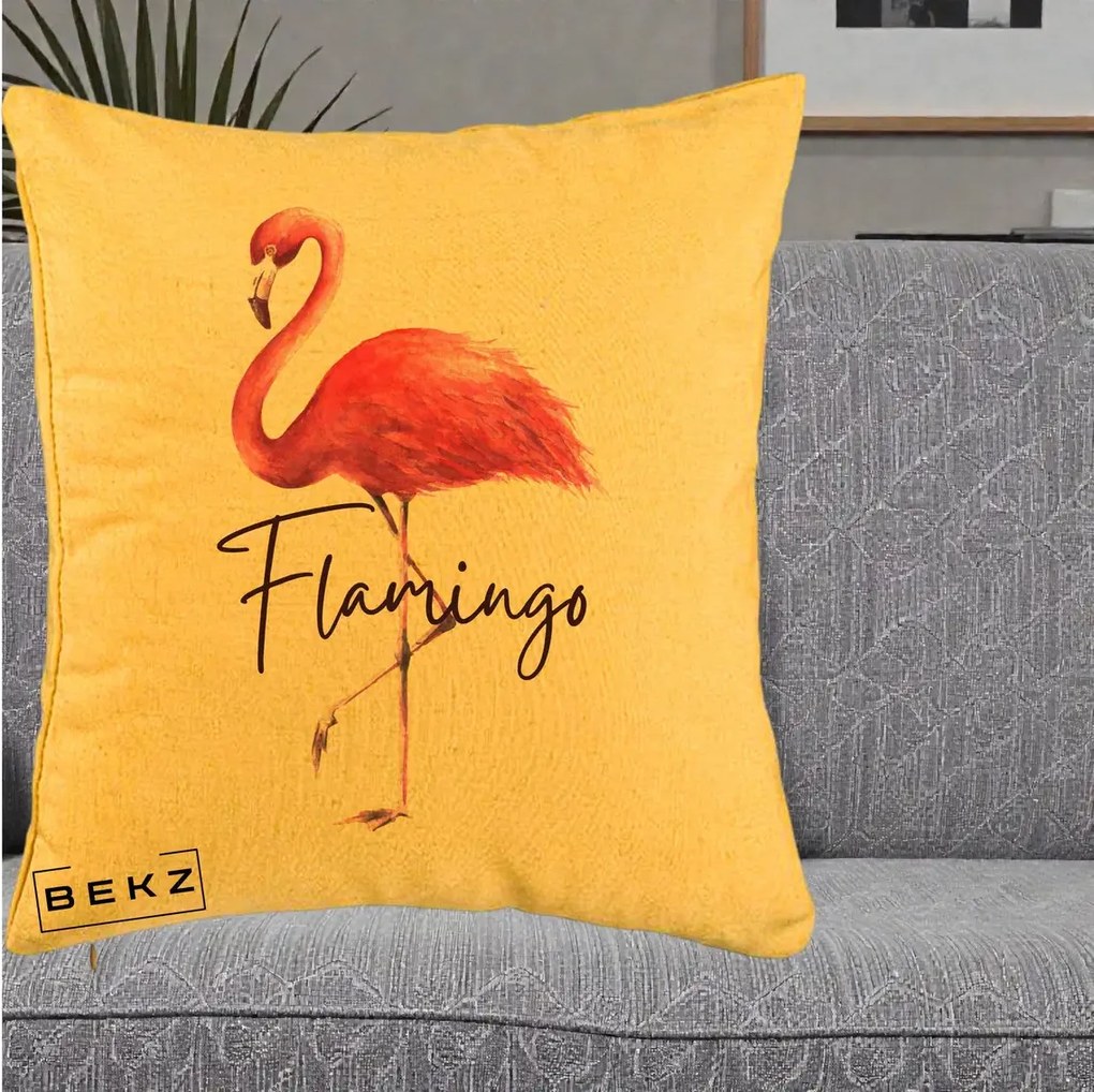 Perna Decorativa Flamingo Acuarela, 40x40 cm, Galben, Husa Detasabila, Perna Inclusa, BEKZ®