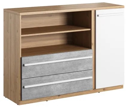 Comoda Piano Cu 1 Usa Si 2 Sertare, Stejar Nash, Alb Si Beton, 125 Cm