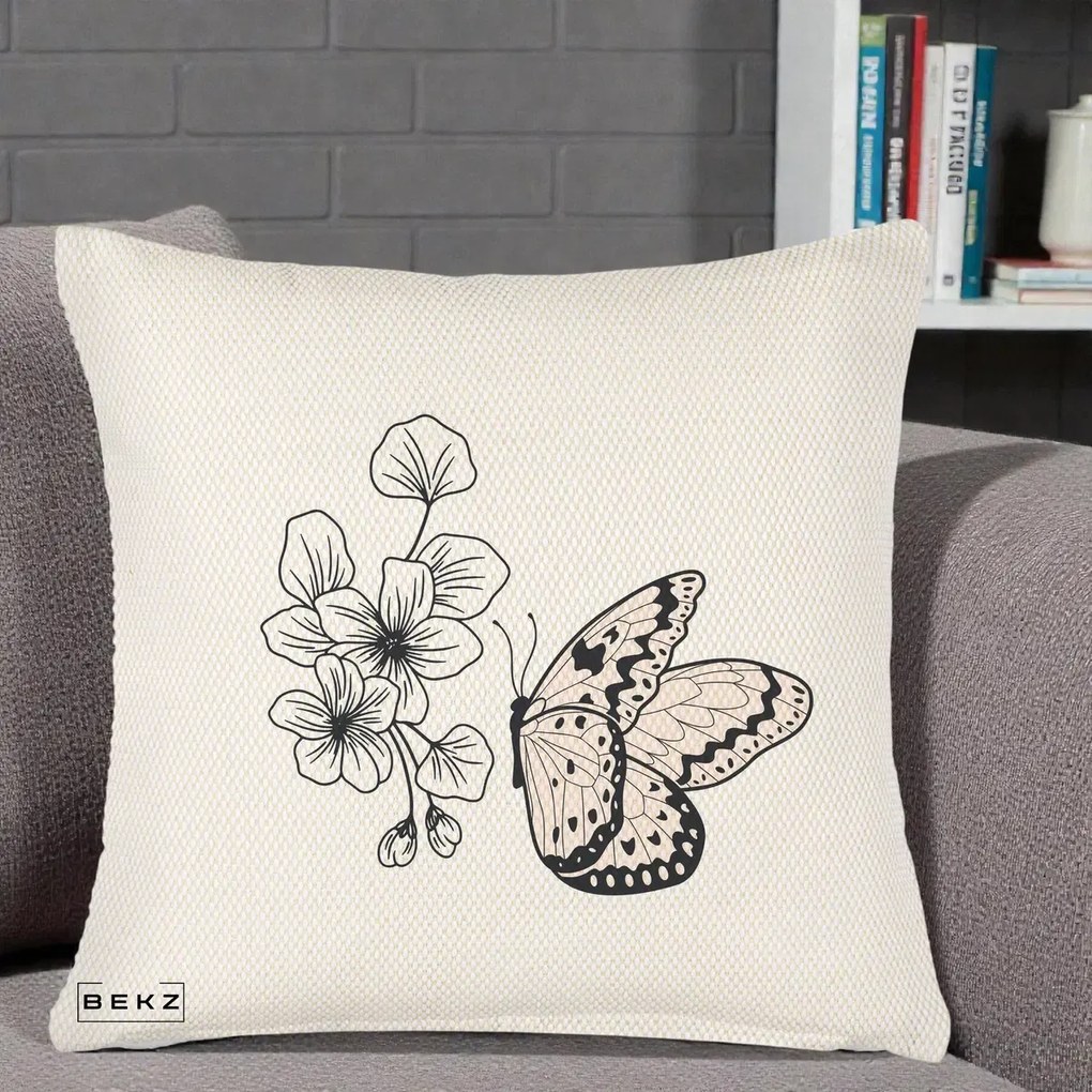 Perna Decorativa Fluture si Flori Linie Monocroma, 40x40 cm, Crem Reliefat, Husa Detasabila, Perna Inclusa, BEKZ®