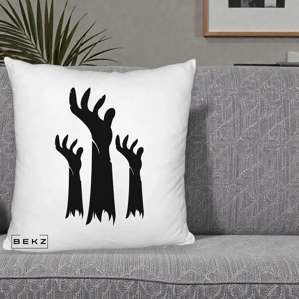 Perna Decorativa Halloween Maini Zombie Alb-Negru, 40x40 cm, Alb Pufos, Husa Detasabila, Perna Inclusa, BEKZ®