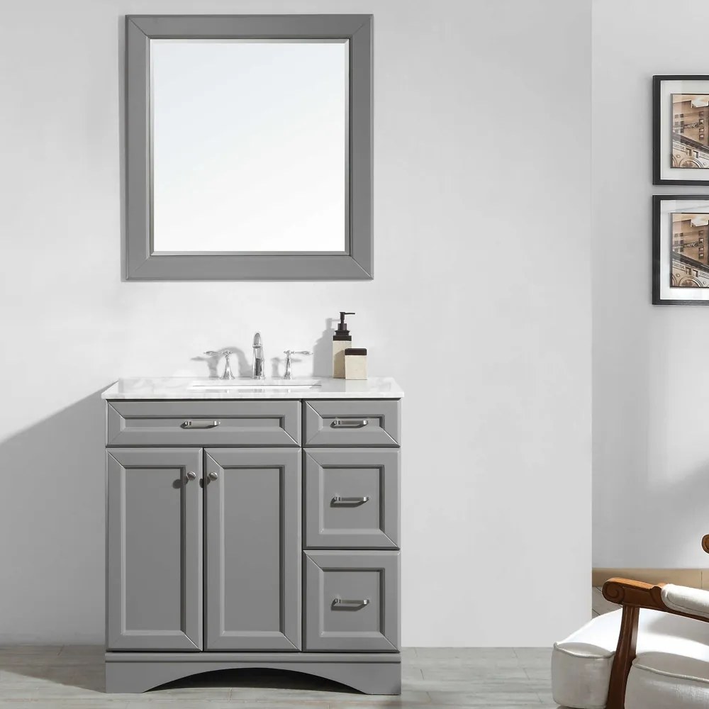 SET MOBILIER BAIE, DULAP LEMN 3 SERTARE CU LAVOAR, BLAT QUARTZ + OGLINDA RAMA LEMN, LOGOS 91.4X55.8X86 CM, GRI