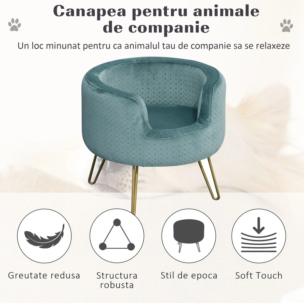 Canapea pentru pentru mini caini si pisici cu 4 picioare metalice aurii, catifea, 41,5x41,5x36,5cm PawHut | Aosom RO