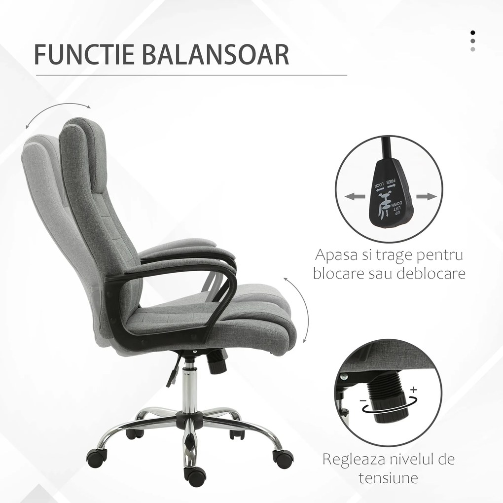 Vinsetto Scaun Birou Ergonomic cu Basculare, Înălțime și Înclinare Reglabilă, Capacitate 120 kg, 62x76x110-119 cm, Gri | Aosom Romania