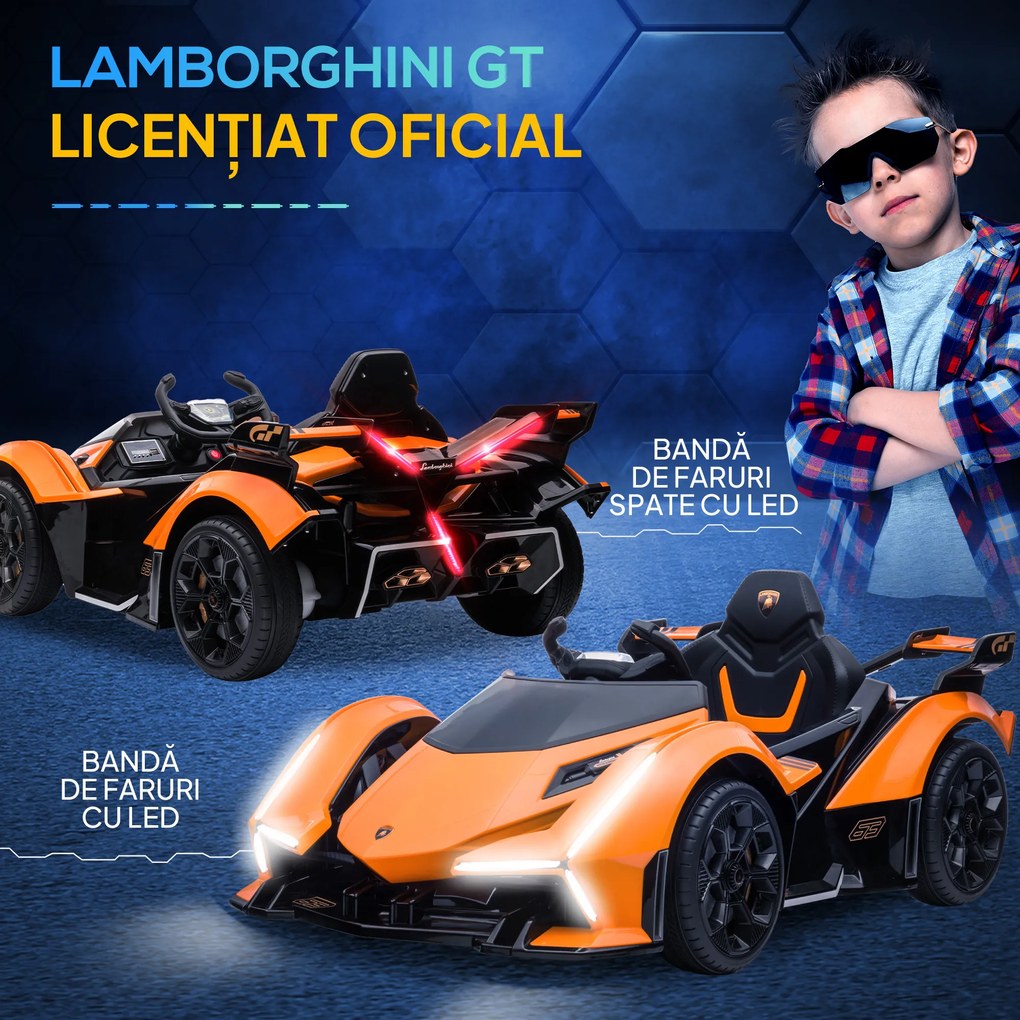 HOMCOM Mașinuță Electrică pentru Copii, Automobil cu Telecomandă, Faruri LED și Muzică, Varsta 3+ Ani, 117x66x50 cm, Portocaliu | Aosom Romania