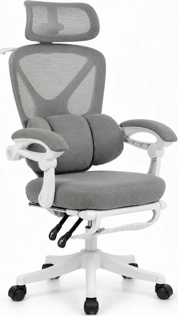 ELITE PRO 870GR – Scaun Ergonomic Premium, Mesh Respirabil, Tetieră Reglabilă, Suport Lombar, Suport pentru Picioare Retractabil, Funcție Recliner, Reglaj pe Înălțime, Gri