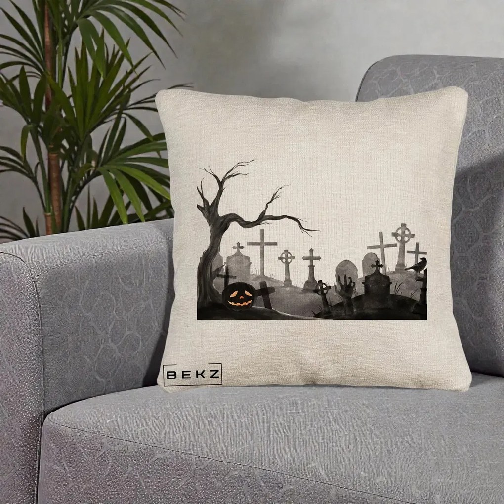 Perna Decorativa Halloween Cimitir Acuarela cu Dovleac, 40x40 cm, Bej Canapea, Husa Detasabila, Perna Inclusa, BEKZ®