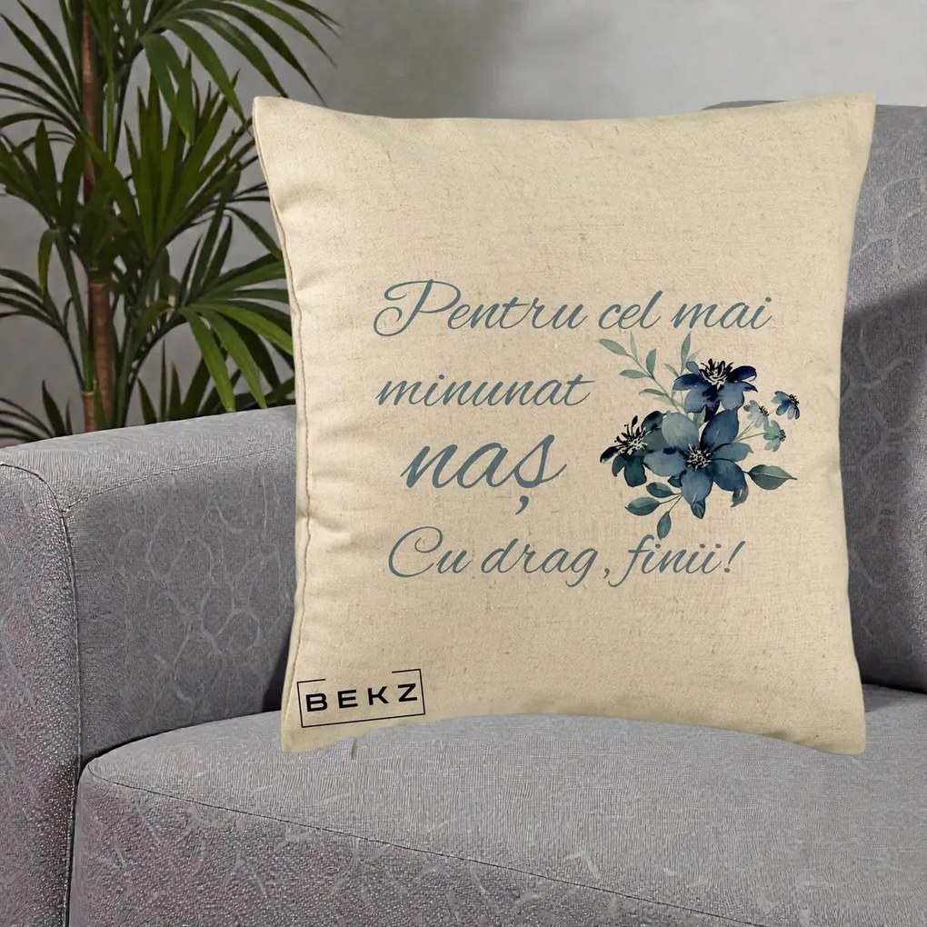 Cadou pentru Nas - Perna Personalizata Pentru Cel mai Minunat Nas Cu drag Finii, 40x40 cm, Bej, Husa Detasabila, Perna Inclusa, BEKZ®