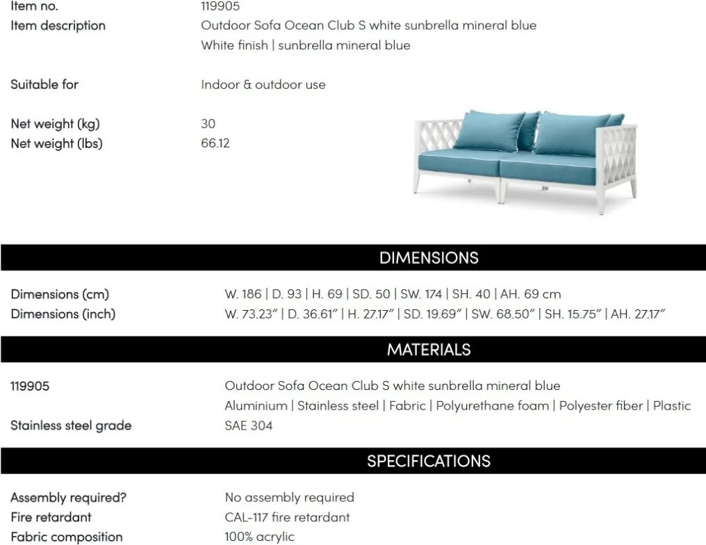 Canapea pentru interior si exterior Ocean Club S, alb, 119905 HZ