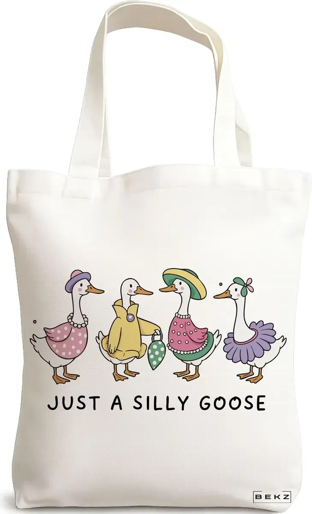 Sacosa de Panza pentru Cumparaturi, Geanta Tote, model Just a silly goose 1 38 x 34.5 cm, Alba, BEKZ®
