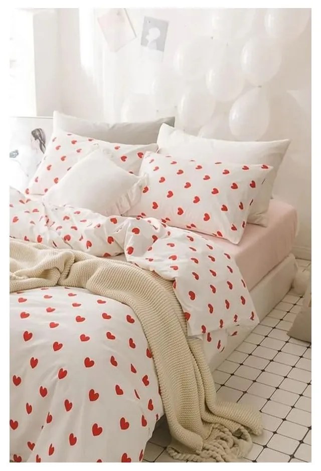 Lenjerie de pat crem din bumbac ranforcé pentru pat dublu/extins cu cearceaf inclus/cu 4 piese 200x220 cm Mini Hearts – Mila Home