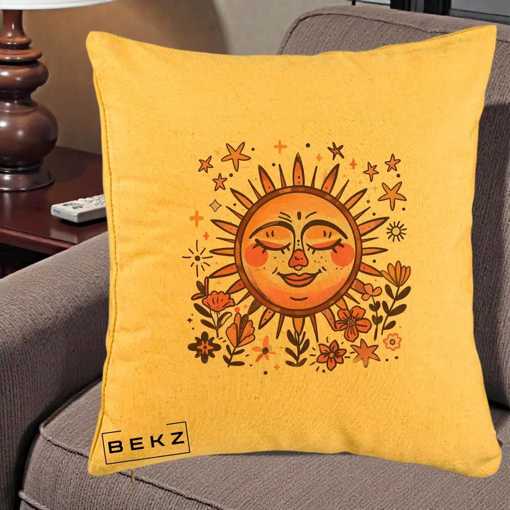 Perna Decorativa Soare Retro Boho Floral, 40x40 cm, Galben, Husa Detasabila, Perna Inclusa, BEKZ®