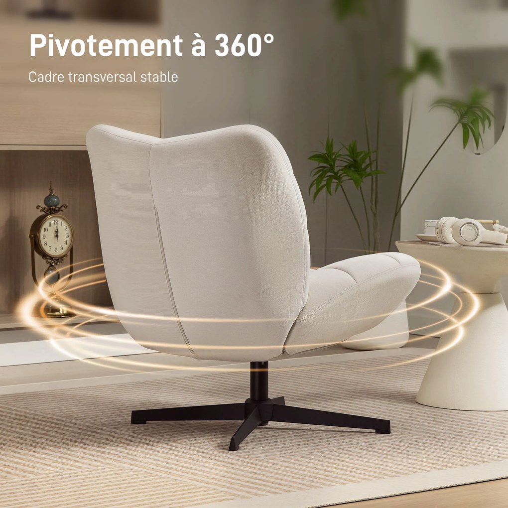 HOMCOM Fotoliu de salon pivotant, fotoliu tapițat din chenille fără cotiere, șezut și spătar largi, 70x80x82cm, crem | Aosom Romania