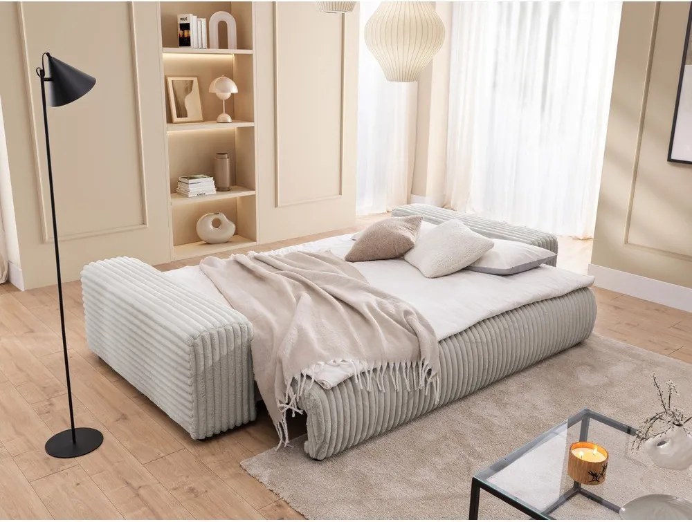 Canapea gri deschis extensibilă/cu spațiu de depozitare cu tapițerie din catifea reiată 260 cm Justin – Ropez