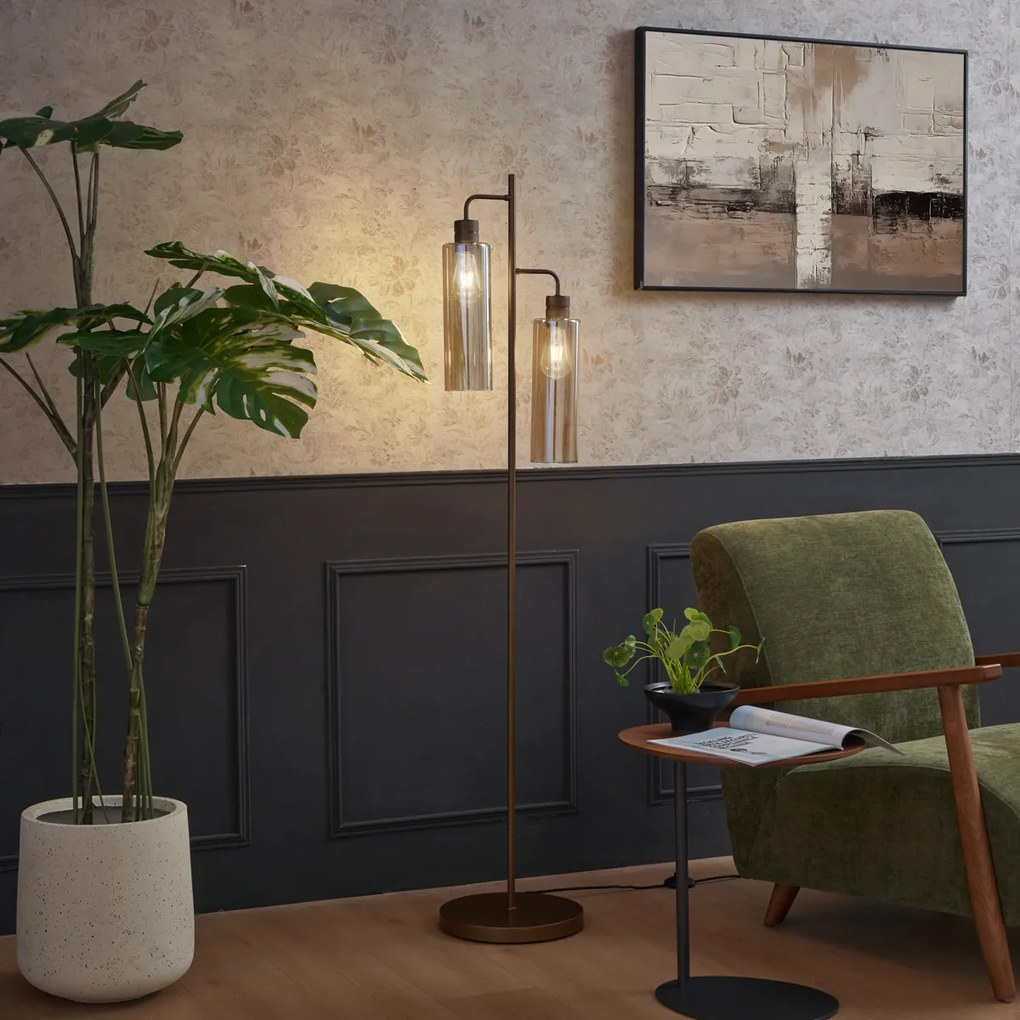 Lampă de podea Hotel Chic bronz închis cu sticlă ambră 2 lumini - Stavelot