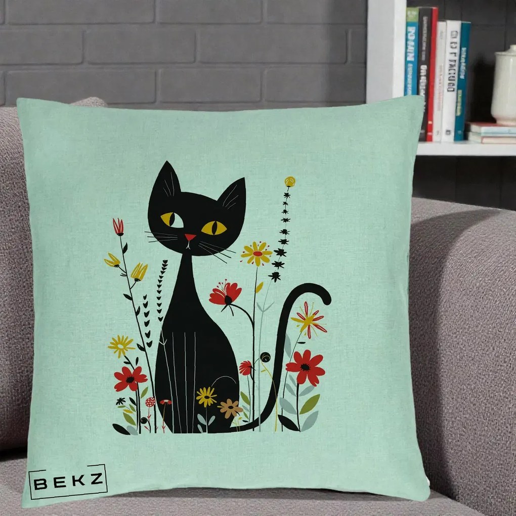 Perna Decorativa Pisica Neagra Ochi Galbeni Flori, 40x40 cm, Verde Menta, Husa Detasabila, Perna Inclusa, BEKZ®