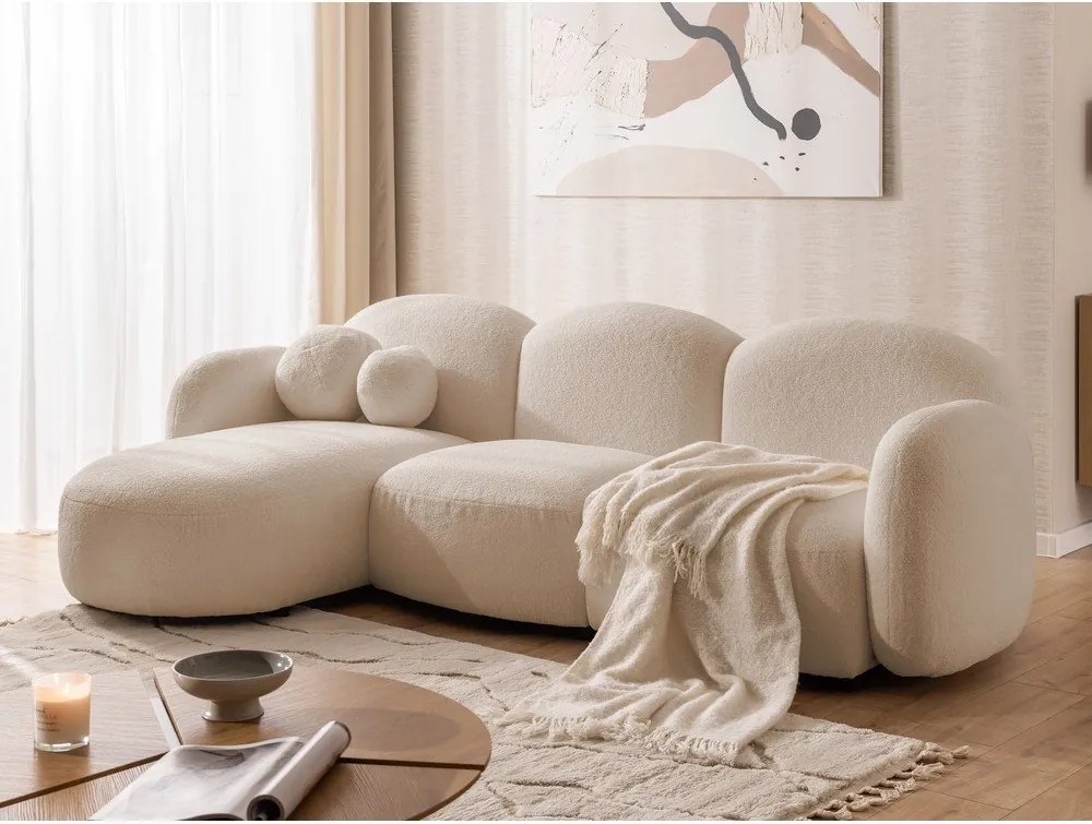 Colțar maro deschis cu tapițerie din țesătură bouclé (cu colț pe partea stângă/cu șezlong) Orbit – Ropez