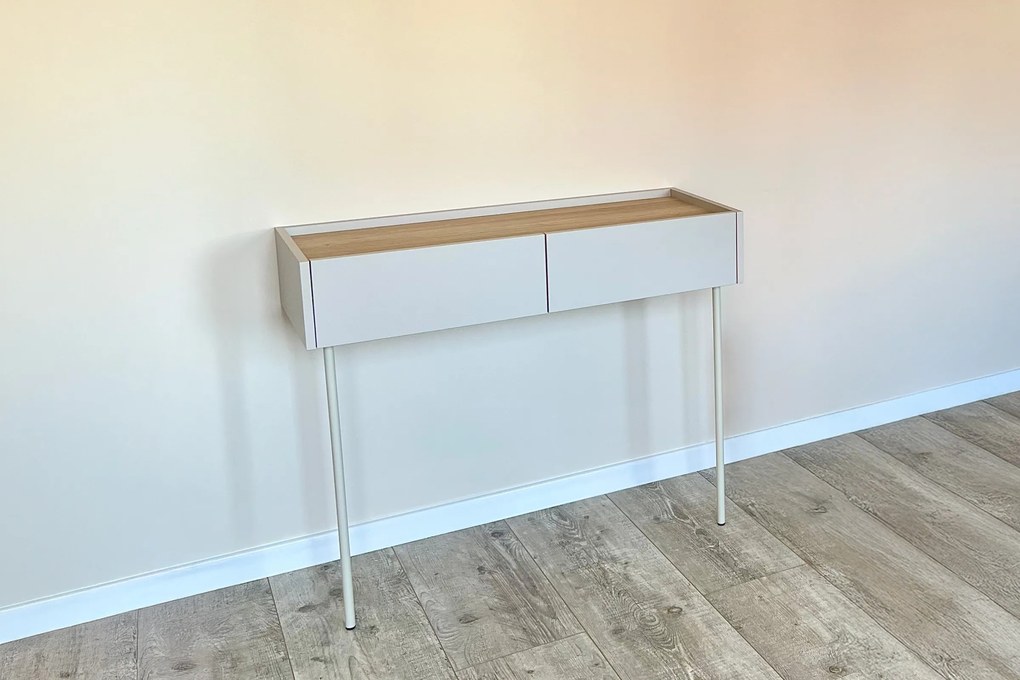 Consola Desin / masa de toaleta 100 cm cu sertare si picioare metalice - cashmir / stejar nagano