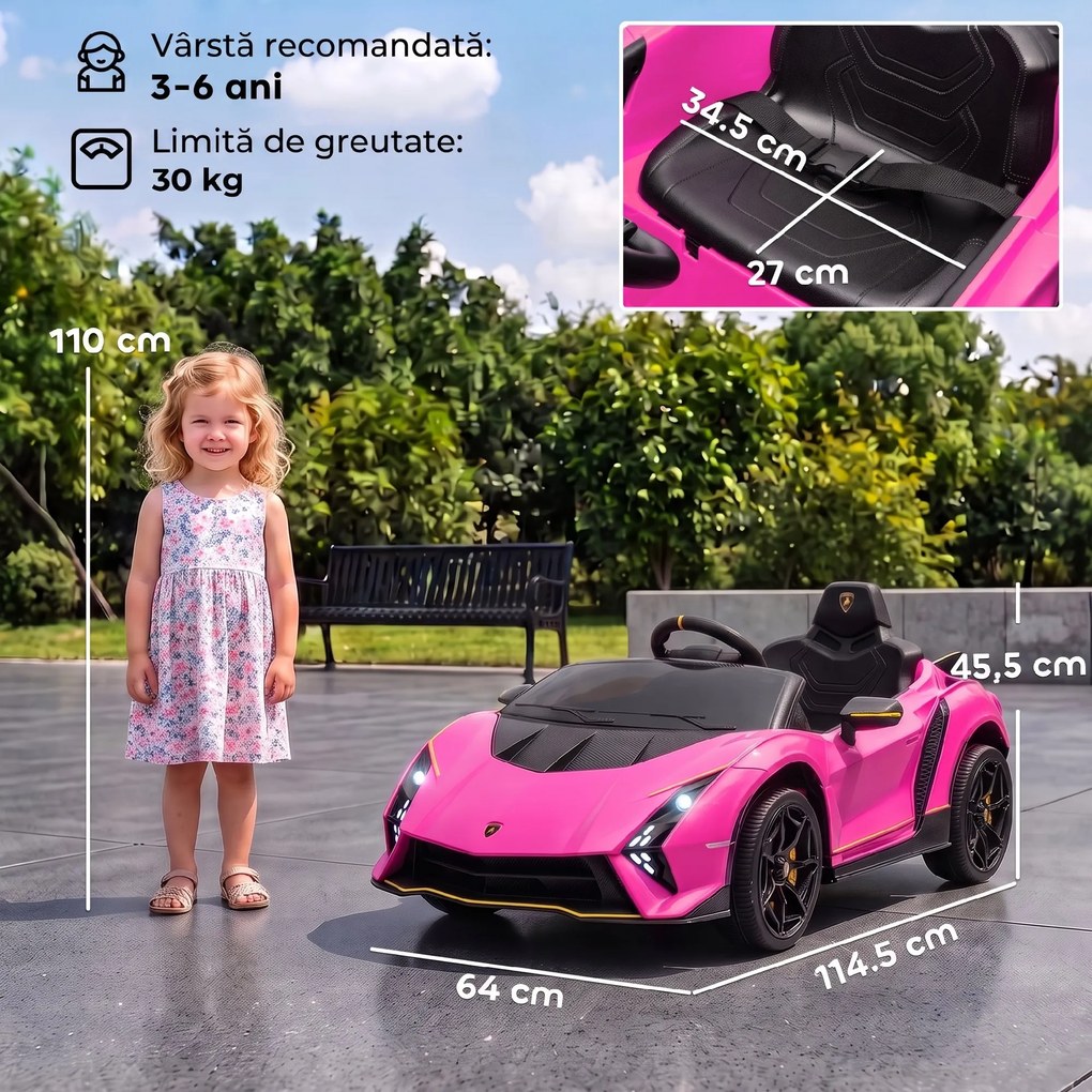 AIYAPLAY Mașină Electrică pentru Copii 3-6 Ani 12V Lamborghini Autentica, 2 Motoare, Uși Tip Foarfecă, Suspensii, Roz | Aosom Romania