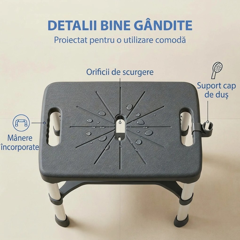 HOMCOM Scaun de Duș din Aluminiu cu Raft Integrat, Înălțime Reglabilă pe 5 Niveluri, Suport 150kg, Gri | Aosom Romania
