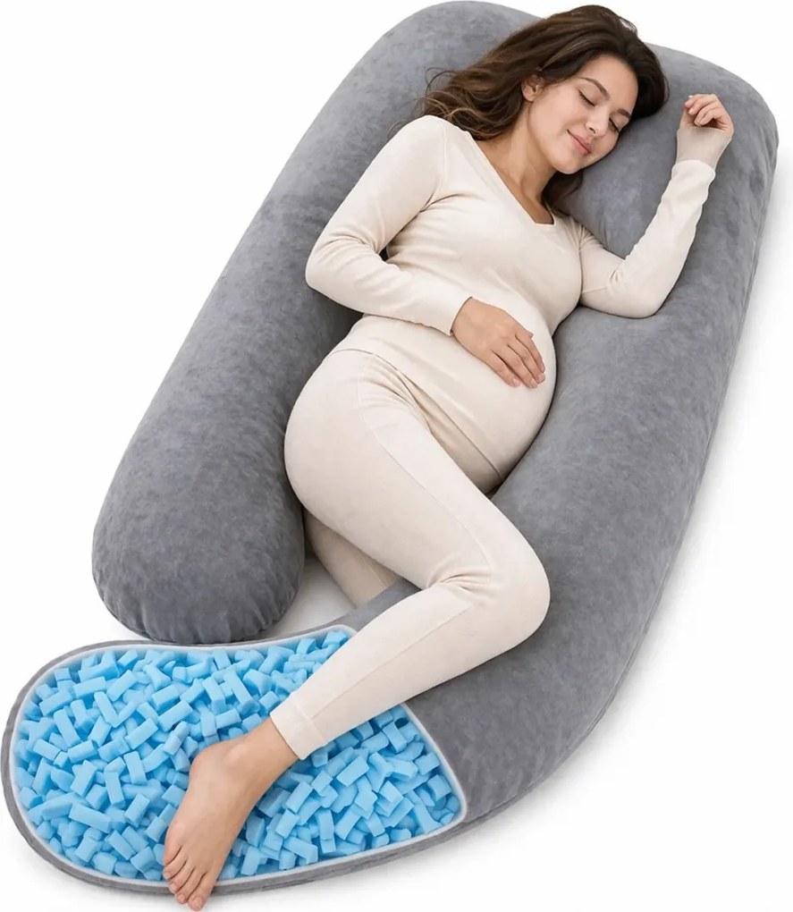 Pernă multifuncțională pentru gravide, din spuma maruntita, Suport Burta, Picioare, Cap, Gat, Spate, Husa detasabila, Catifea, Gri
