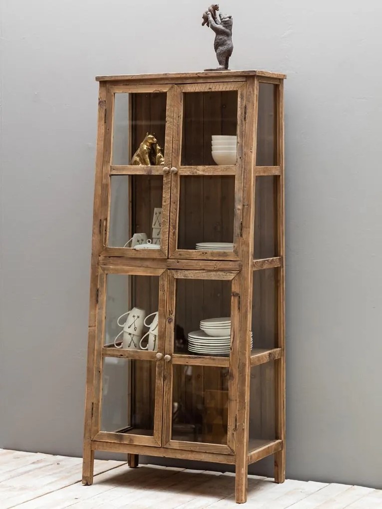 Vitrina din lemn masiv si sticla, cu 4 usi, aspect rustic, Laval