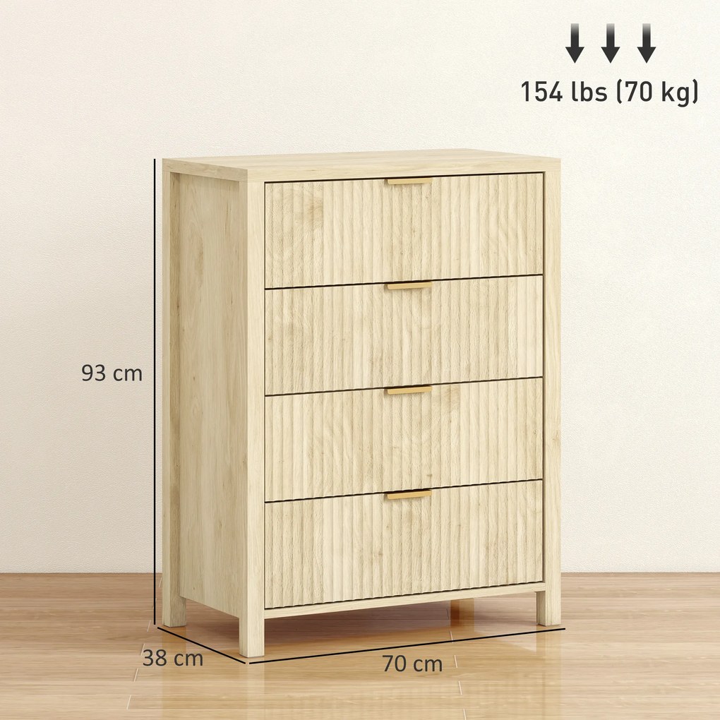 HOMCOM Comodă pentru Dormitor cu 4 Sertare Canelate, Comodă din Lemn cu Mânere Aurii, pentru Sufragerie, Sala de Mese și Hol, 70x38x93 cm, Lemn Natural | Aosom Romania