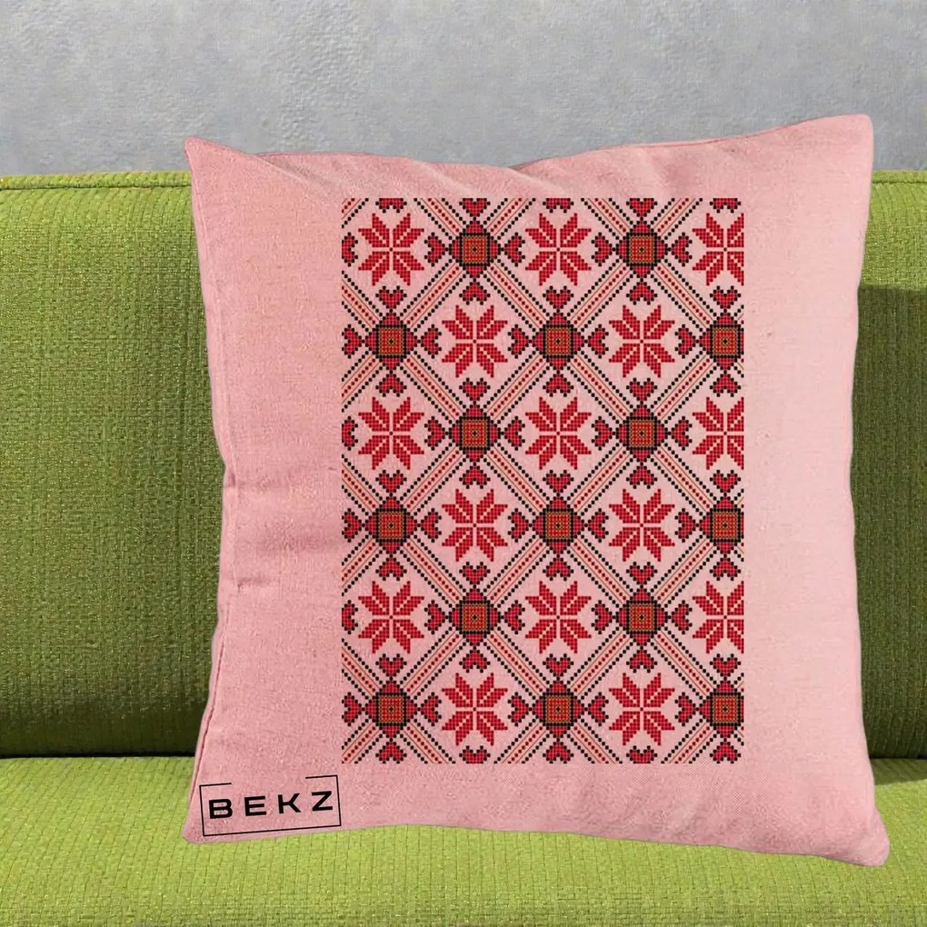 Perna Personalizata Motiv Traditional Ie Romaneasca Rosu, 40x40 cm, Roz, Husa Detasabila, Perna Inclusa, BEKZ®