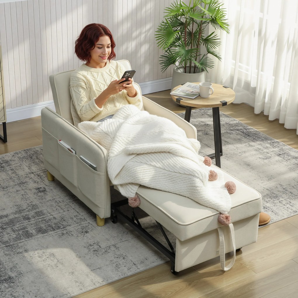 HOMCOM Fotoliu extensibil 3 în 1 fotoliu transformabil cu funcție de pat, șezut lat pentru living, Bej | Aosom Romania