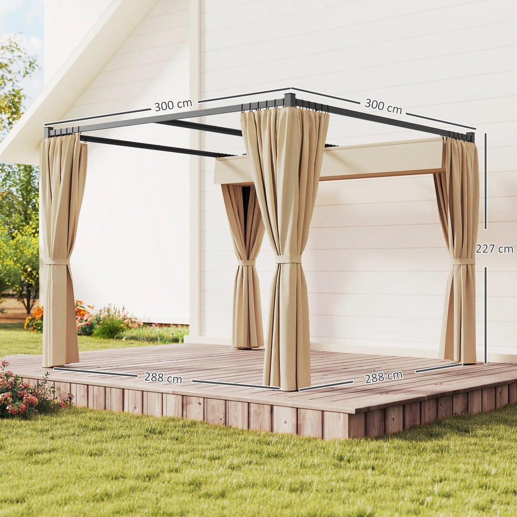 Outsunny Pergola 3 x 3(m) cu acoperis copertina retractabila si perdele, Foisor de exterior cu cadru metalic pentru gradina, Adapost de soare