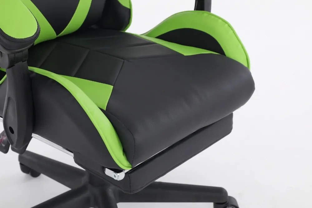 Scaun gaming, masaj în perna lombară, suport picioare, piele PU, Negru/Verde